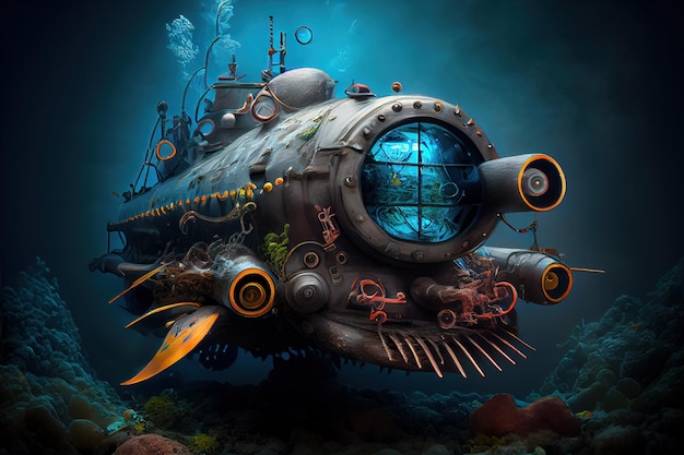 Okręt podwodny fantasy wojskowych Okręt podwodny o zachodzie słońca pływający po powierzchni wody z morza