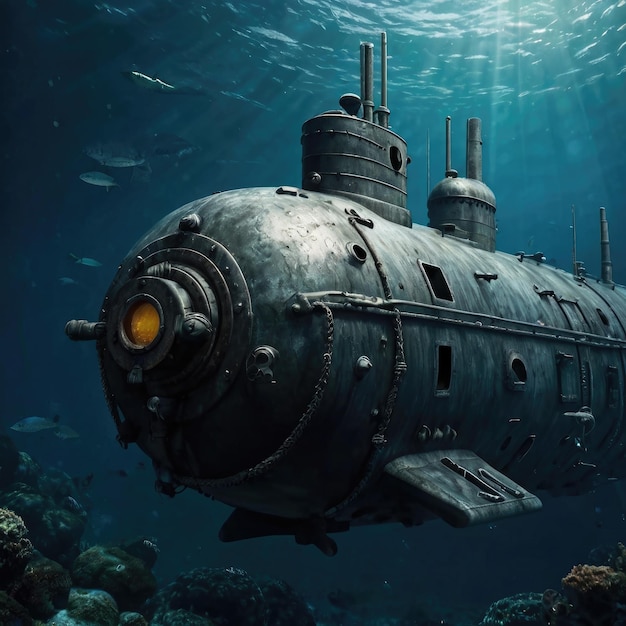 okręt podwodny jest pod morzem z niebieskim oceanem na tle