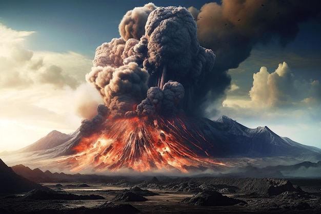Okropna erupcja wulkanu na dużą skalę Generatywna ilustracja AI