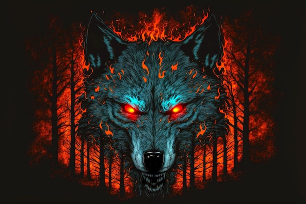 Okropna rozwścieczona głowa wilka z płonącymi oczami w lesie