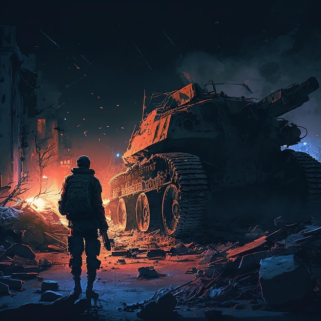 Okrutna scena wojenna z czołgiem i żołnierzami Generative ai
