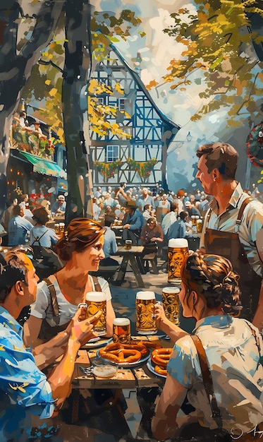 Oktoberfest Holiday Scene z ludźmi cieszącymi się tradycyjnym festiwalem G Background Layout Art Decor