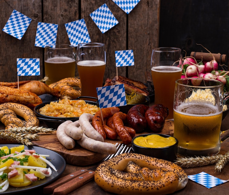 Zdjęcie oktoberfest z preclem piwnym i kiełbasą