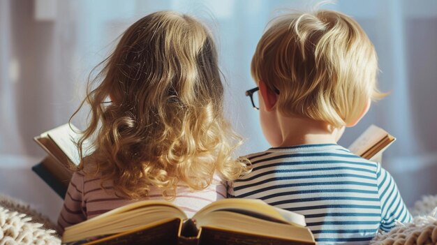 Zdjęcie okulary małe dzieci czytające książkę zdjęcie z tyłu światowego dnia książki koncepcja generatywna sztuczna inteligencja