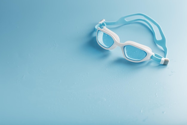 Zdjęcie okulary pływackie w białej oprawce z niebieskim tłem