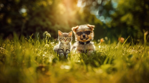 Okulary przeciwsłoneczne Happy Cute Kitten I Szczeniak Z Obrożami Na Trawie Generacyjna AI
