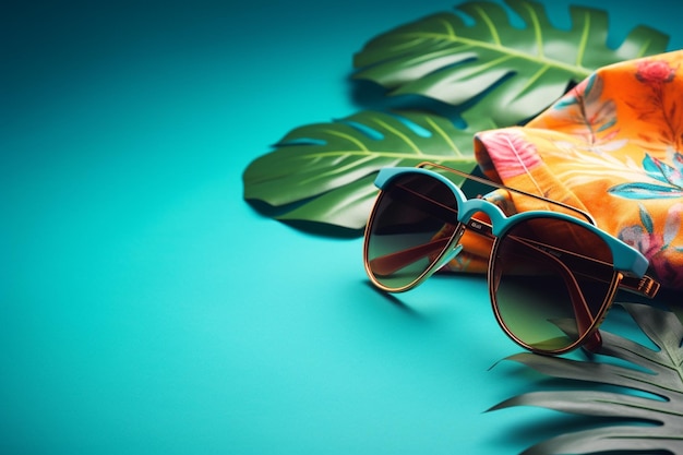 Okulary przeciwsłoneczne i liście palmowe na niebieskim tle