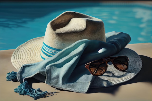 Okulary przeciwsłoneczne i ręcznik na wakacje przy basenie Akcesoria wakacyjne Abstrakcyjna generatywna ilustracja Ai