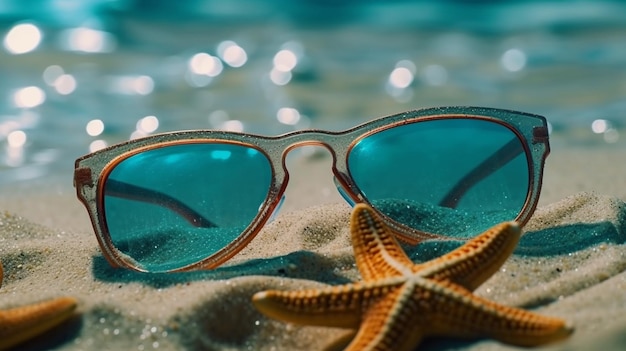 Okulary przeciwsłoneczne i rozgwiazdy na plaży Generative AI