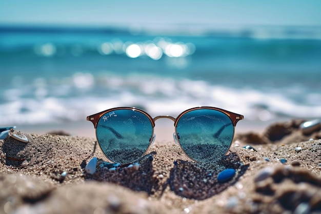 Zdjęcie okulary przeciwsłoneczne na plaży z oceanem na tle