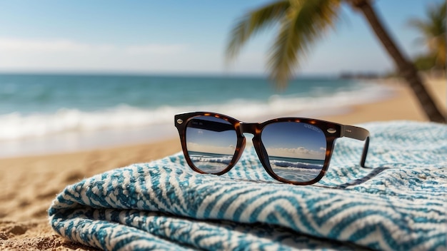 Okulary przeciwsłoneczne na ręczniku na tle tropikalnej plaży