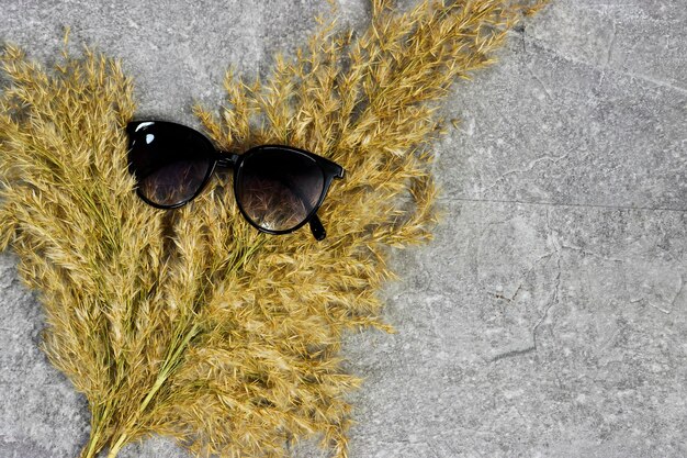 okulary przeciwsłoneczne z czarną plastikową ramką nad trzcinami na marmurowym tle grunge