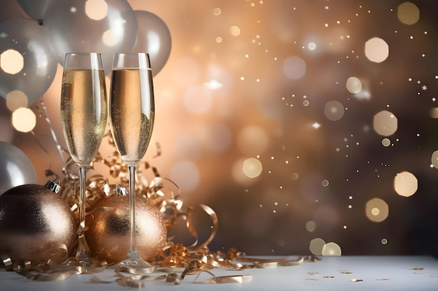 Okulary, szampana, złote strumienie, kulki, konfetti i efekt bokeh w tle, baner w tle na Wigilię Nowego Roku z miejscem dla własnej treści