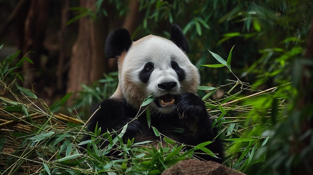 Zdjęcie olbrzymi panda jedzący bambus generative ai