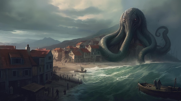 Olbrzymi potwór morski atakujący nadmorskie miasto Koncepcja fantasy Malarstwo ilustracyjne Generatywna sztuczna inteligencja
