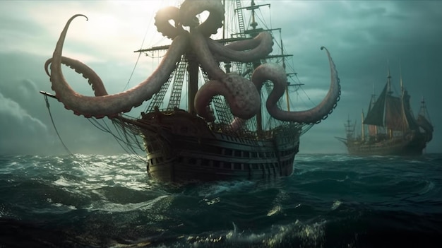 Olbrzymi potwór ośmiornicy kraken atakujący statek piracki w ciemnym oceanie Ilustrator Generative AI