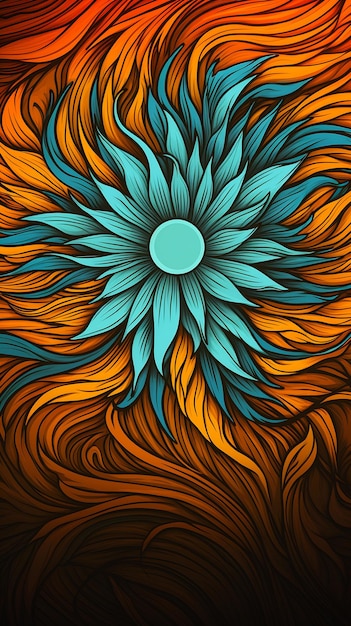 Olbrzymia fraktalna twarz słonecznika w kolorze pomarańczowo-niebieskim i błękitnym