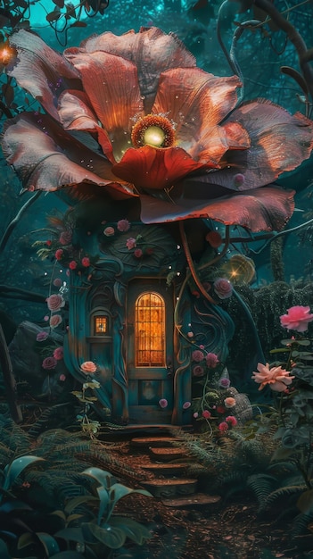Olbrzymie kwitnące kwiaty z drzwiami prowadzącymi do dziwacznych, surrealistycznych światów.