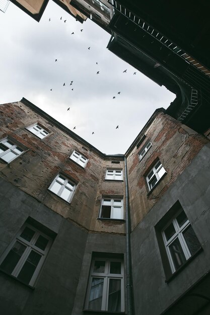 Old court yardwell na Starym Mieście w Krakowie Polska Widok z dołu do góry Ptaki na szarym dramatycznym niebie