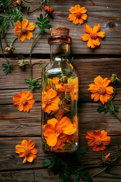 Zdjęcie olej eteryczny marigold w butelce selektywne skupienie