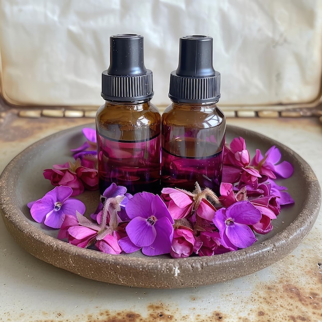 Olej eteryczny w brązowej butelce i lawendy kwitnące kwiaty naturalne lekarstwa aromaterapia koncepcje naturopatii