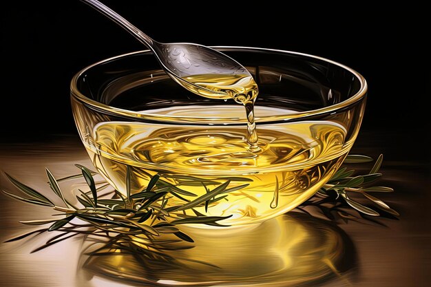 Olej jest wylewany na gałęzie rozmarynu w przezroczystej misce w stylu jasnożółtego i złotego