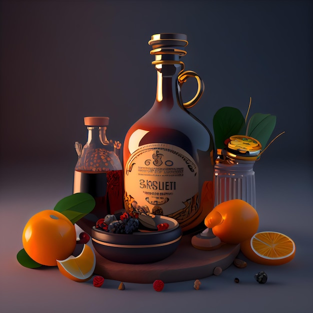 Olej mandarynkowy w butelce na ciemnym tle renderowania 3d