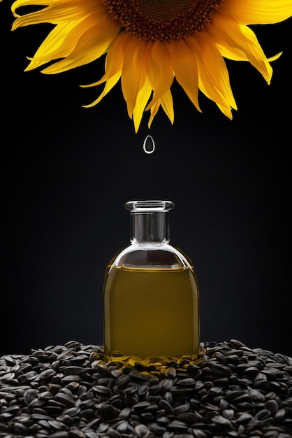 Olej słonecznikowy z pestkami i kwiatem na czarnym tle