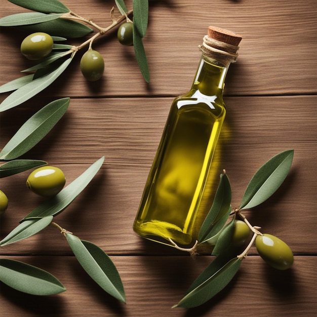 Olej z oliwek i gałązka z oliwek na drewnianym stole