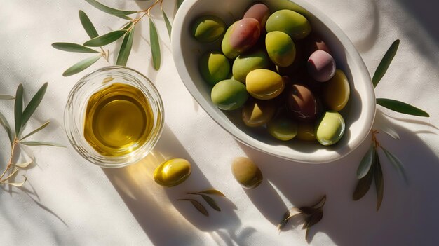Olej z oliwek w małym słoiku z oliwkami i gałązką drzewa oliwnego z miękkim cieniem