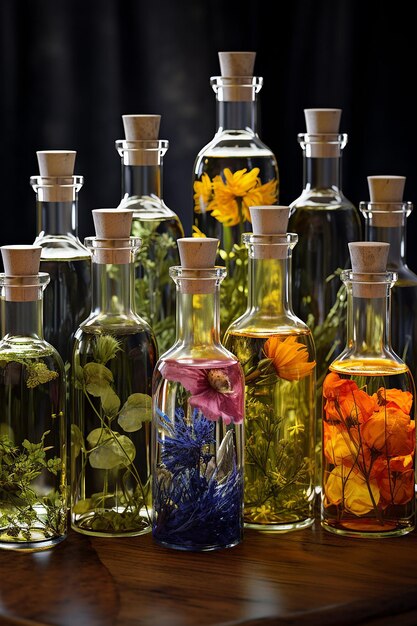 Zdjęcie oleje eteryczne w pięknych butelkach, czyste, bez etykiet, naturalne składniki, prawdziwe, fotorealistyczne