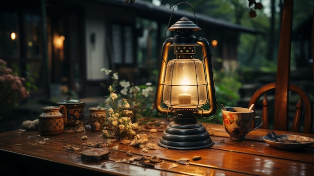 Zdjęcie olejna świecąca lampa na drewnianym zdjęciu stołowym