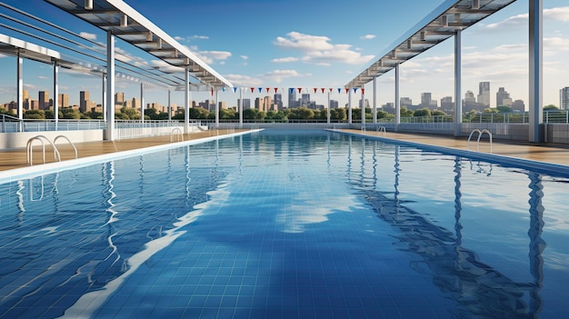 Olimpijski basen z niebieską, czystą wodą bez ludzi.