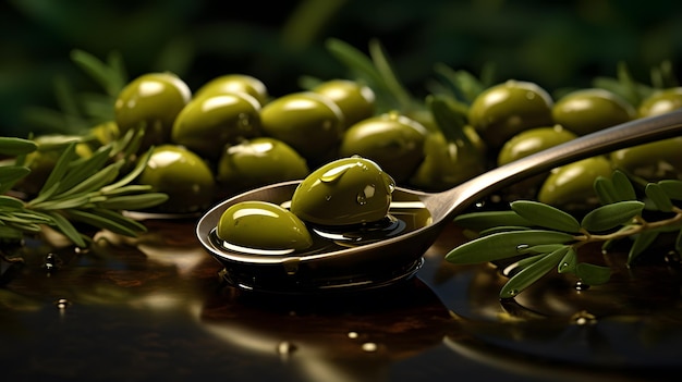 Zdjęcie oliwa z oliwek w łyżce z zielonymi oliwkami na ciemnym tle