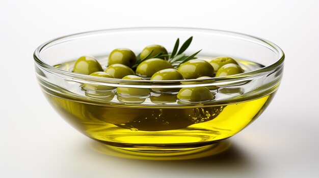 Oliwa z oliwek w szklanej misce z gałązką oliwnągenerative ai
