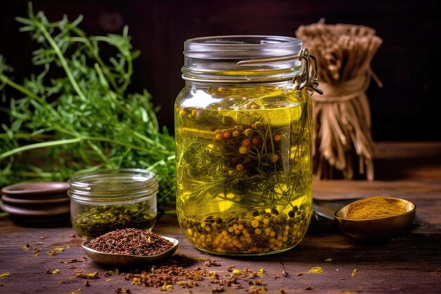 Oliwa z oliwek z ziołami i przyprawami do zaparzania w słoiku stworzonym za pomocą generatywnej ai
