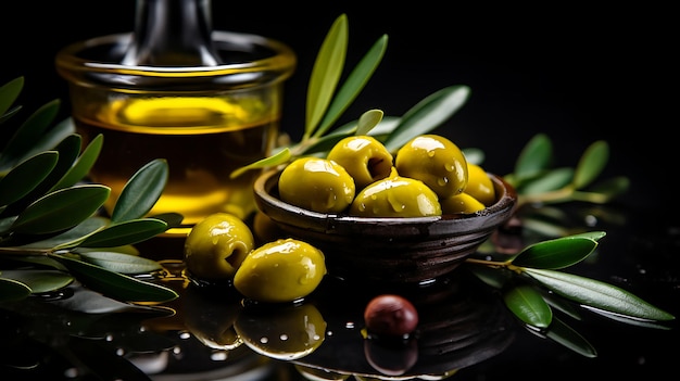 Oliwki i olej z oliwek na pływającym tle