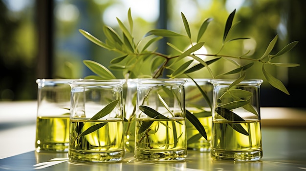 Oliwki i oliwa z oliwek unoszące się na zielonym tle