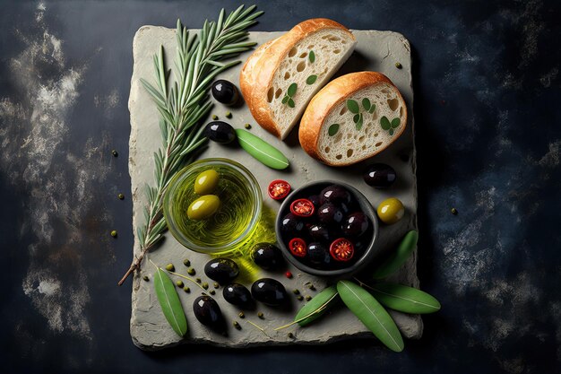 Oliwki i świeża ciabatta na kamiennym łupkowym tle