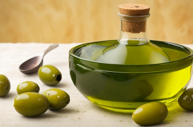 Oliwki pływające w misce i butelce oliwy z oliwek
