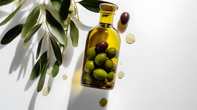 Oliwki w butelce z liśćmi i oliwkami