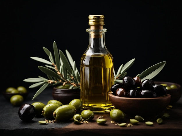 Oliwki z butelki oliwy z oliwek i gałązka oliwna na czarnym tle