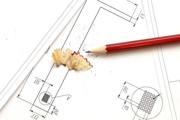 Zdjęcie ołówek i plany architekta rysunki projektowe