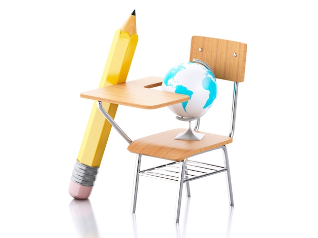Ołówek, krzesło i kula ziemska. Obiekt edukacyjny.