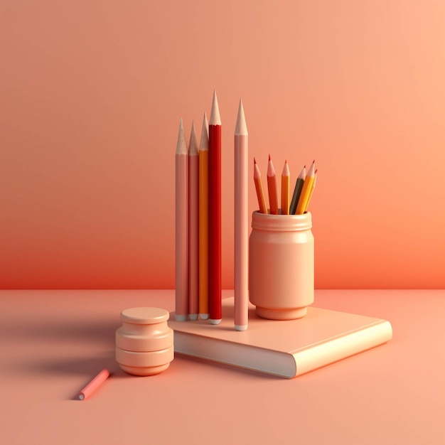 Ołówki i książka na różowym tle renderowania 3D