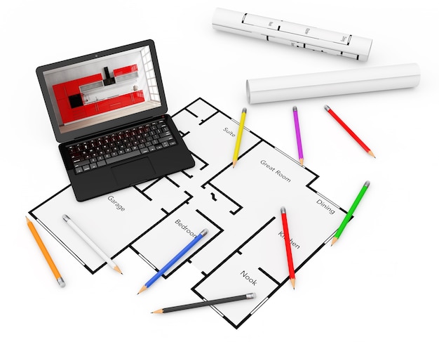 Zdjęcie ołówki, laptop i plany planu projektu mieszkaniowego na białym tle. renderowanie 3d