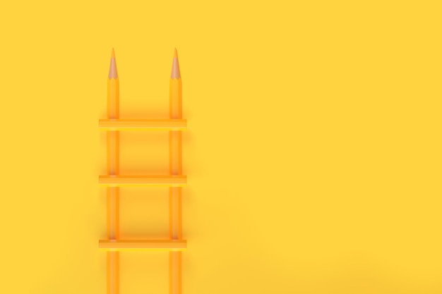 Ołówki na schodach na żółtym pastelowym tle z przestrzenią do kopiowania Kreatywny pomysł wyobraźni projekt 3D
