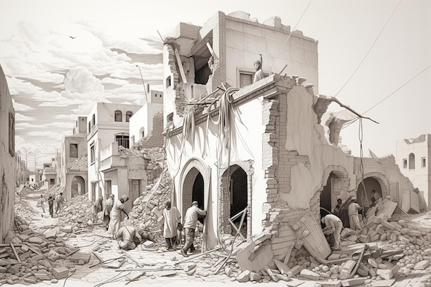 Ołówkowa ilustracja przedstawiająca trzęsienie ziemi w Maroku
