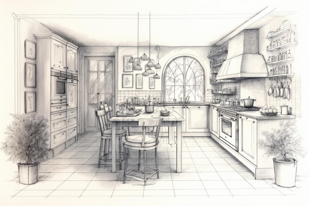 Ołówkowy szkic skomplikowanej kuchni z mieszanką ciepłych i nowoczesnych elementów wystroju