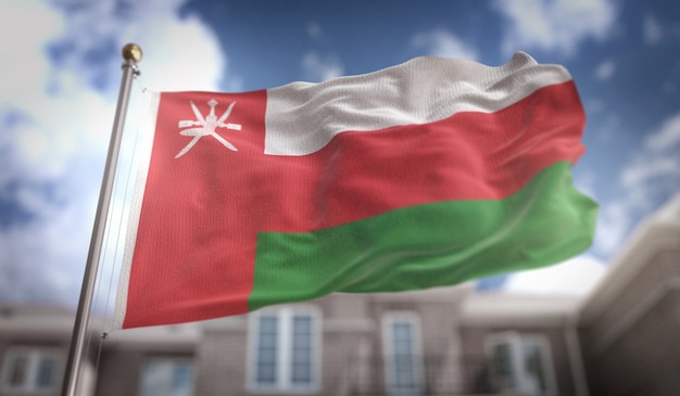 Oman Flaga 3D renderowania na tle błękitne niebo budynku